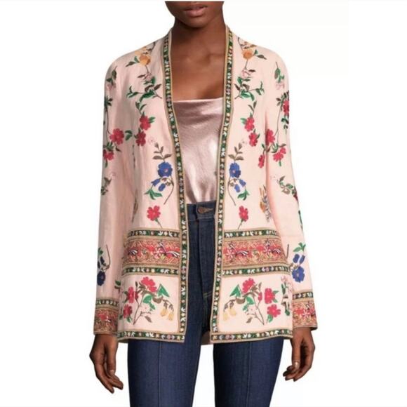 Alice + Olivia Jerri Embroidered Linen Jacket Size 4 - Picture 6 of 16